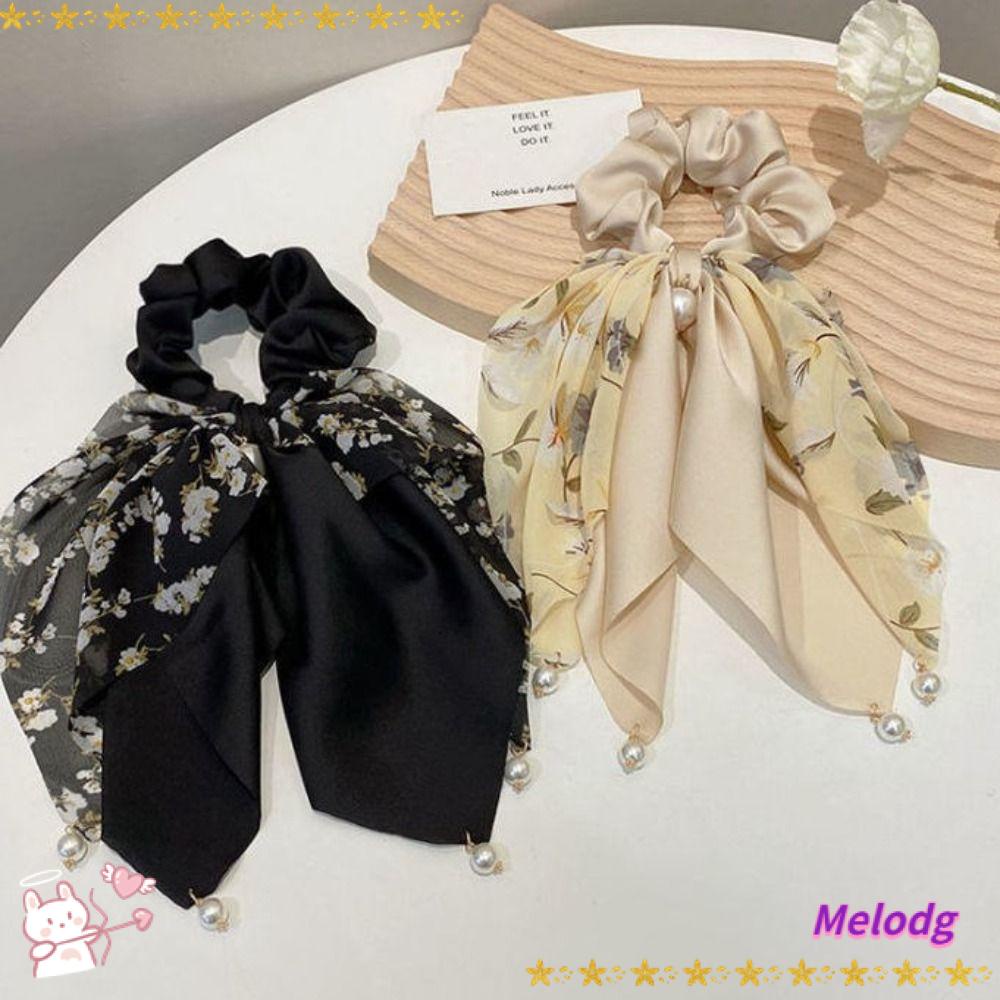 Bộ 2 Dây Cột Tóc Co Giãn In Họa Tiết Hoa Thắt Nơ Xinh Xắn Cho Nữ