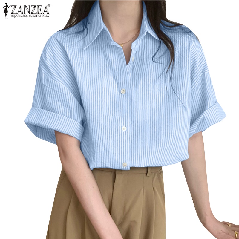 ZANZEA Áo Sơ Mi Tay Lửng Họa Tiết Kẻ Sọc Thời Trang Hàn Quốc Cho Nữ