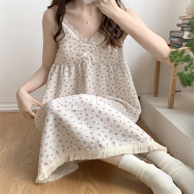 Đầm Ngủ Hai Dây Phối Ren Tua Rua In Hoa Dễ Thương Phong Cách Hàn Quốc Thời Trang Mùa Hè Cho Nữ