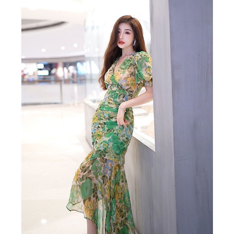 Đầm Mùa Hè 2023 Eo Hẹp Cao In Họa Tiết Màu Xanh Lá Đậm Sang Trọng Thời Trang Cao Cấp