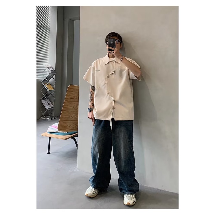 Áo Sơ Mi Nam Ngắn Tay Dáng Rộng Thiết Kế Bất Đối Xứng Phong Cách Mới 2023