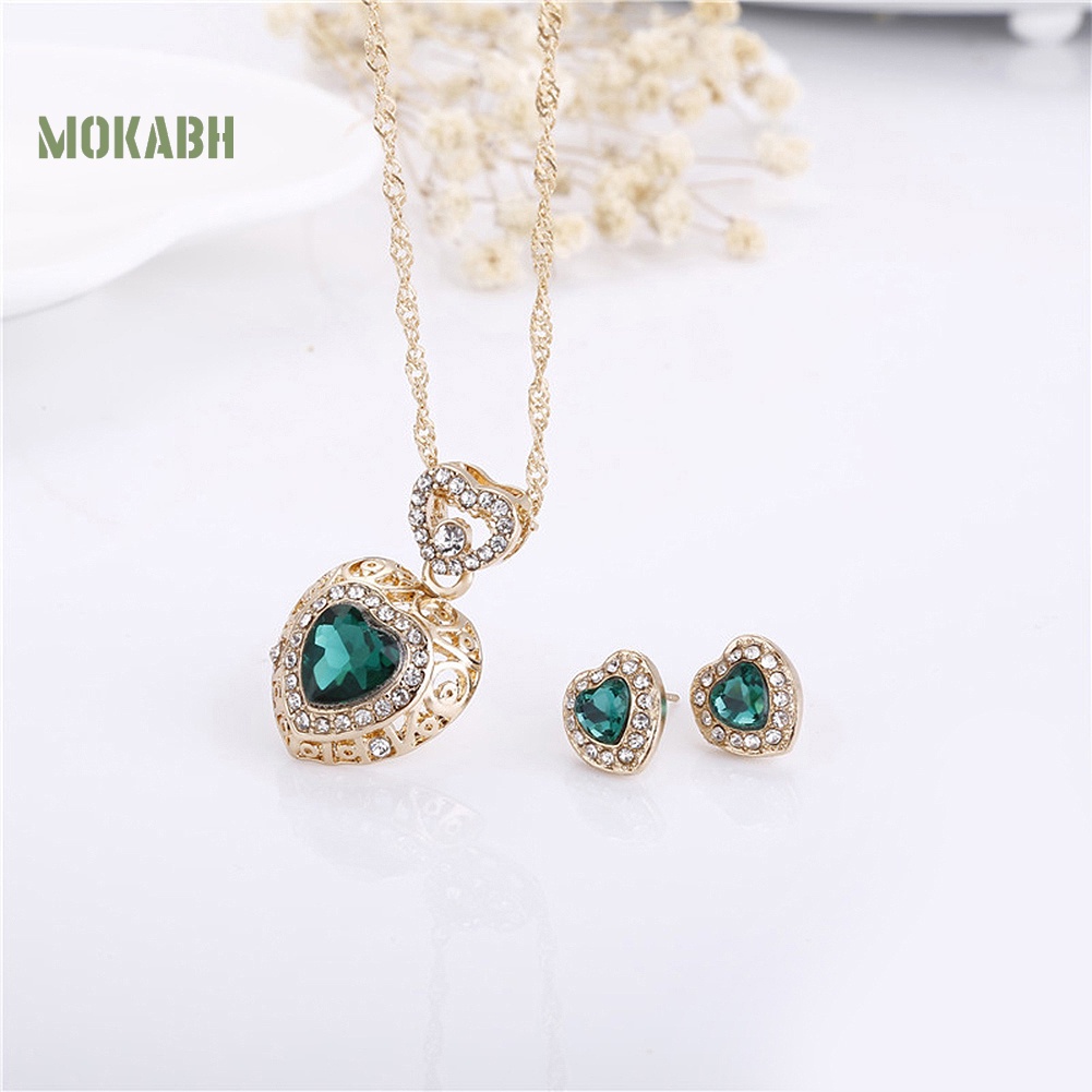 Bộ Trang Sức Gồm Vòng cổ / Bông Tai Bằng Hợp Kim Hình Trái Tim Đính Đá Thời Trang Cho Nữ