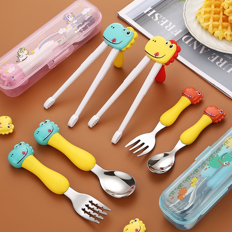 Bộ Muỗng Nĩa Tập Ăn Bằng Thép Không Gỉ 304 Hình Khủng Long Hoạt Hình Cho Bé