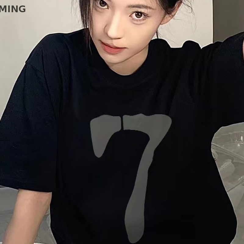 Áo Thun Nữ Ngắn Tay Cổ Tròn In Số Phong Cách Retro