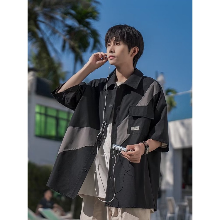 Áo Sơ Mi Tay Ngắn Màu Sắc Tương Phản Phong Cách Nhật Bản Thời Trang Mùa Hè Cho Nam