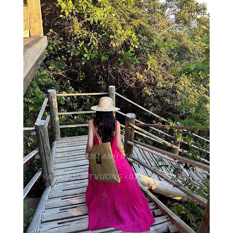 Váy hồng sen 2s tơ nhăn dáng dài nổi bật