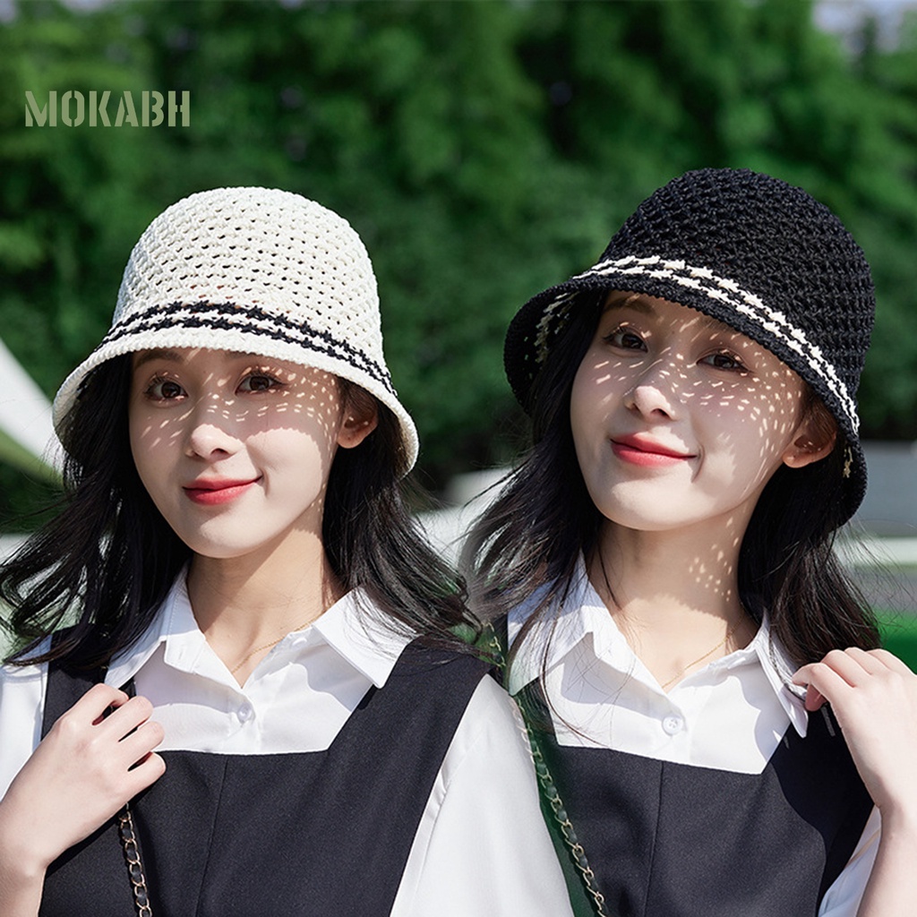 [Mok Abh] Mũ Dệt Kim Kiểu Chắp Vá Lỗ Rỗng Họa Tiết Kẻ Sọc Thời Trang Đi Biển Mùa Hè Cho Nữ