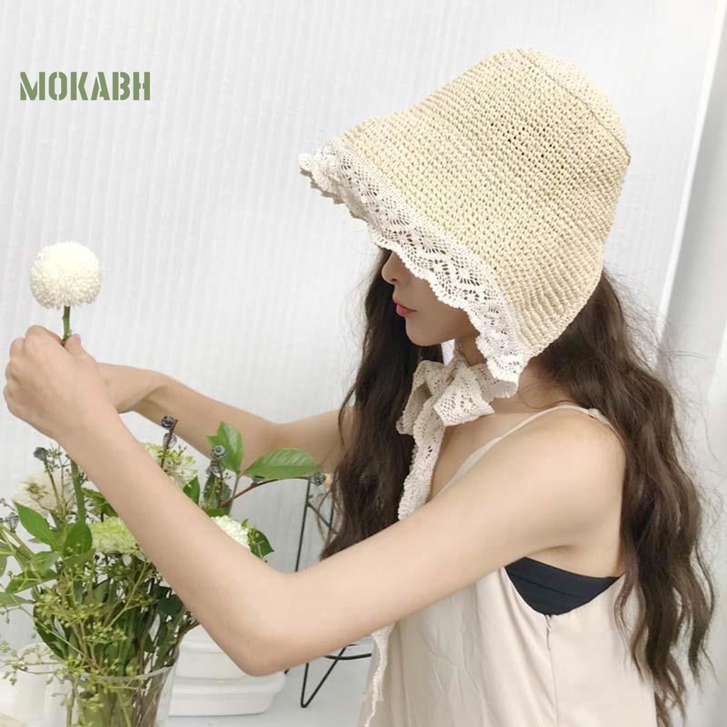 [Mok Abh] Mũ Tai Bèo Dệt Kim Vành Rộng Màu Trơn Có Dây Cột Chống Nắng Phong Cách Đồng Quê Cho Nữ