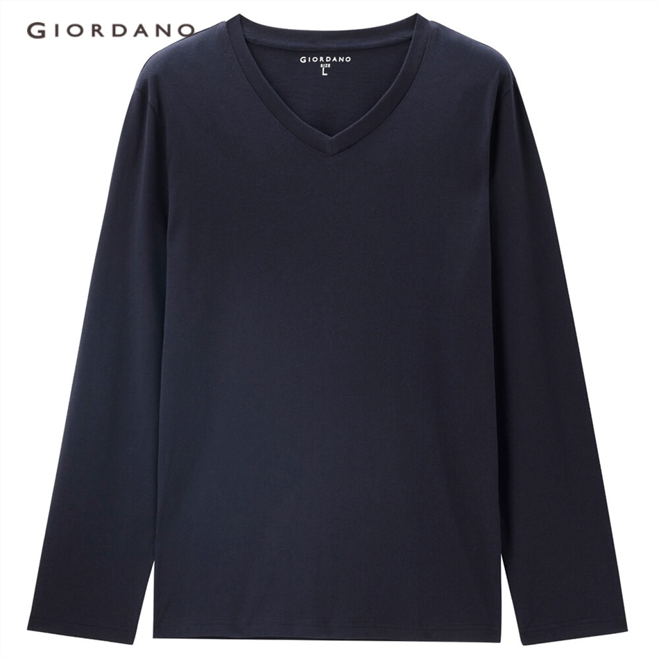Áo thun cotton GIORDANO 13022882 cổ V tay dài màu trơn thoải mái trẻ trung thường ngày cho nam