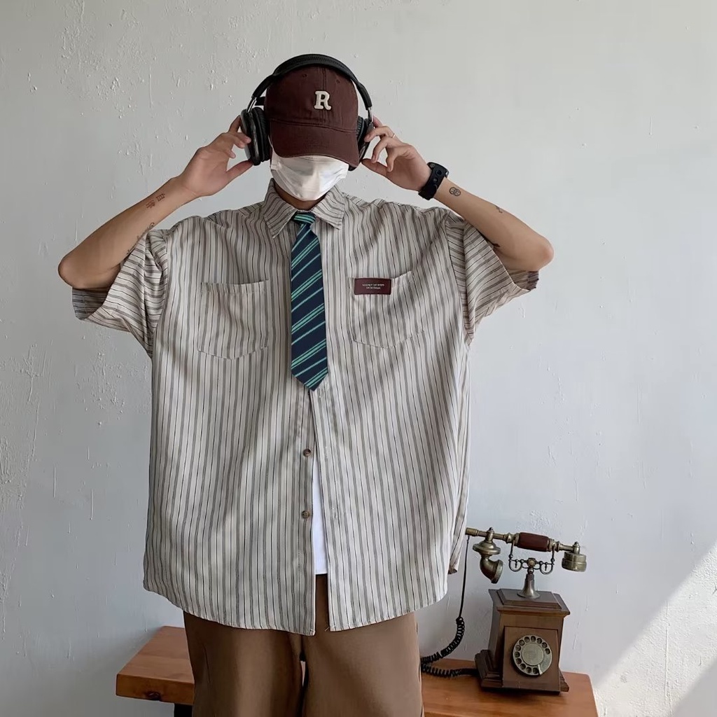 Áo Sơ Mi Tay Lửng Dáng Rộng Họa Tiết Kẻ Sọc Thời Trang Mùa Hè Cho Cặp Đôi