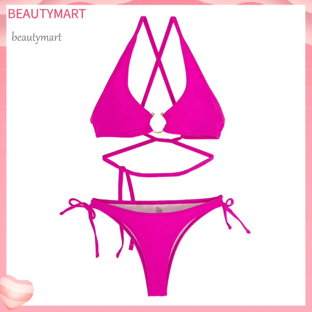 Bộ Đồ Bơi 2 Mảnh Màu Trơn Cổ Khoét Sâu Dây Đan Chéo Lưng Có Mút Nâng Ngực Thời Trang Mùa Hè Cho Nữ