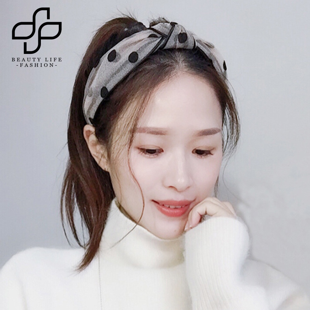 Băng Đô Cài Tóc Phối Vải Gạc Họa Tiết Chấm Bi Kiểu Vintage Cho Nữ