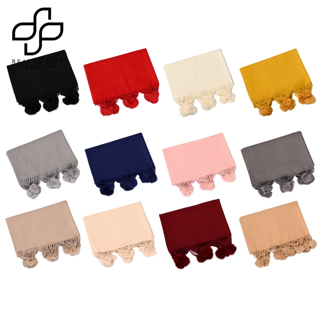 Khăn Choàng Cổ Hai Mặt Dày Dặn Màu Trơn Đính Bóng Lông Tua Rua Kích Thước 200cmx70cm Thời Trang Mùa Đông Cho Nữ