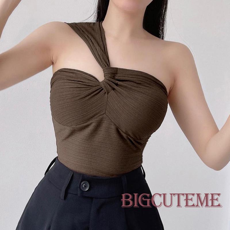 Áo Croptop Sát Nách Màu Trơn Lệch Vai Thời Trang Mùa Hè Cho Nữ