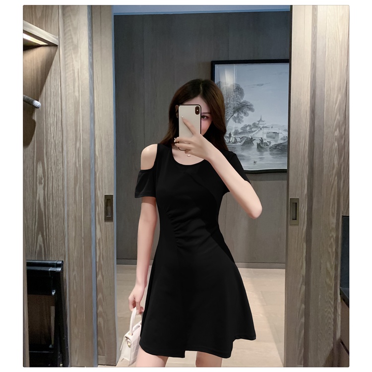 Đầm Chữ A Tay Ngắn Hở Vai Màu Trơn Đơn Giản Thời Trang Mùa Hè Phong Cách Hàn Quốc Cho Nữ