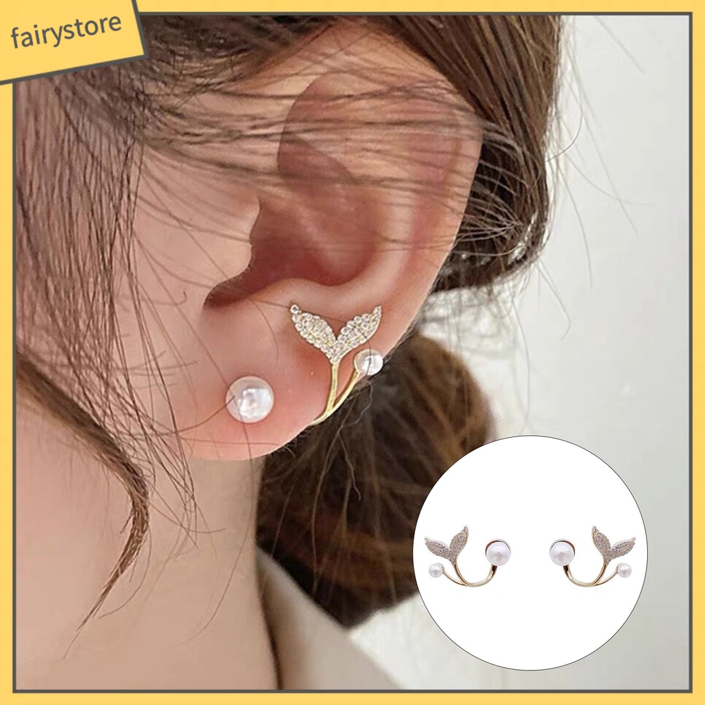 1 Đôi Bông Tai Hình Đuôi Cá Đính Ngọc Trai Giả Mạ Điện Lâu Trôi Thích Hợp Mặc Hàng Ngày