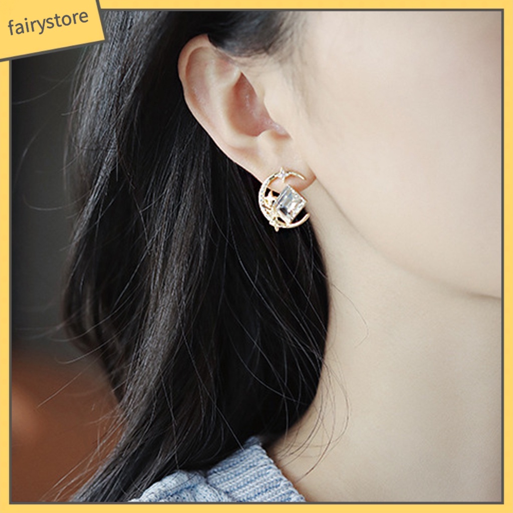1 Đôi Bông Tai Hợp Kim Hình Ngôi Sao / Mặt Trăng Lấp Lánh Chống Oxy Hóa Thân Thiện Với Da Không Gây Kích Ứng Phong Cách Hàn Quốc Dành Cho Nữ