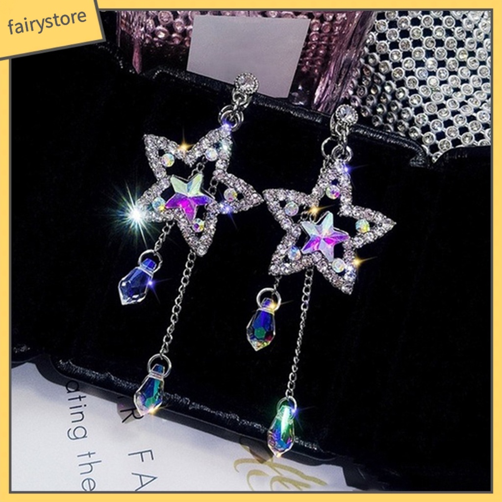 Bông Tai Dáng Dài Đính Đá Zircon Hình Ngôi Sao Phối Tua Rua Thời Trang Cho Nữ