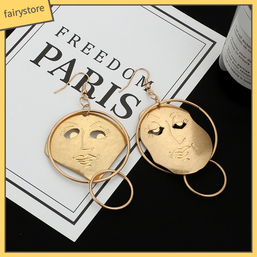 Khuyên Tai Dạng Móc Mặt Người Không Đối Xứng Chạm Khắc Thời Trang Cho Nữ