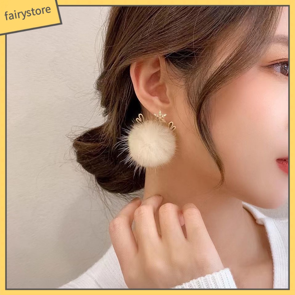 [FRO] 1 Đôi Bông Tai Thiết Kế Hình Học Dạng Tua Rua Bằng Lông Chồn Đính Sừng Hươu Cho Nữ