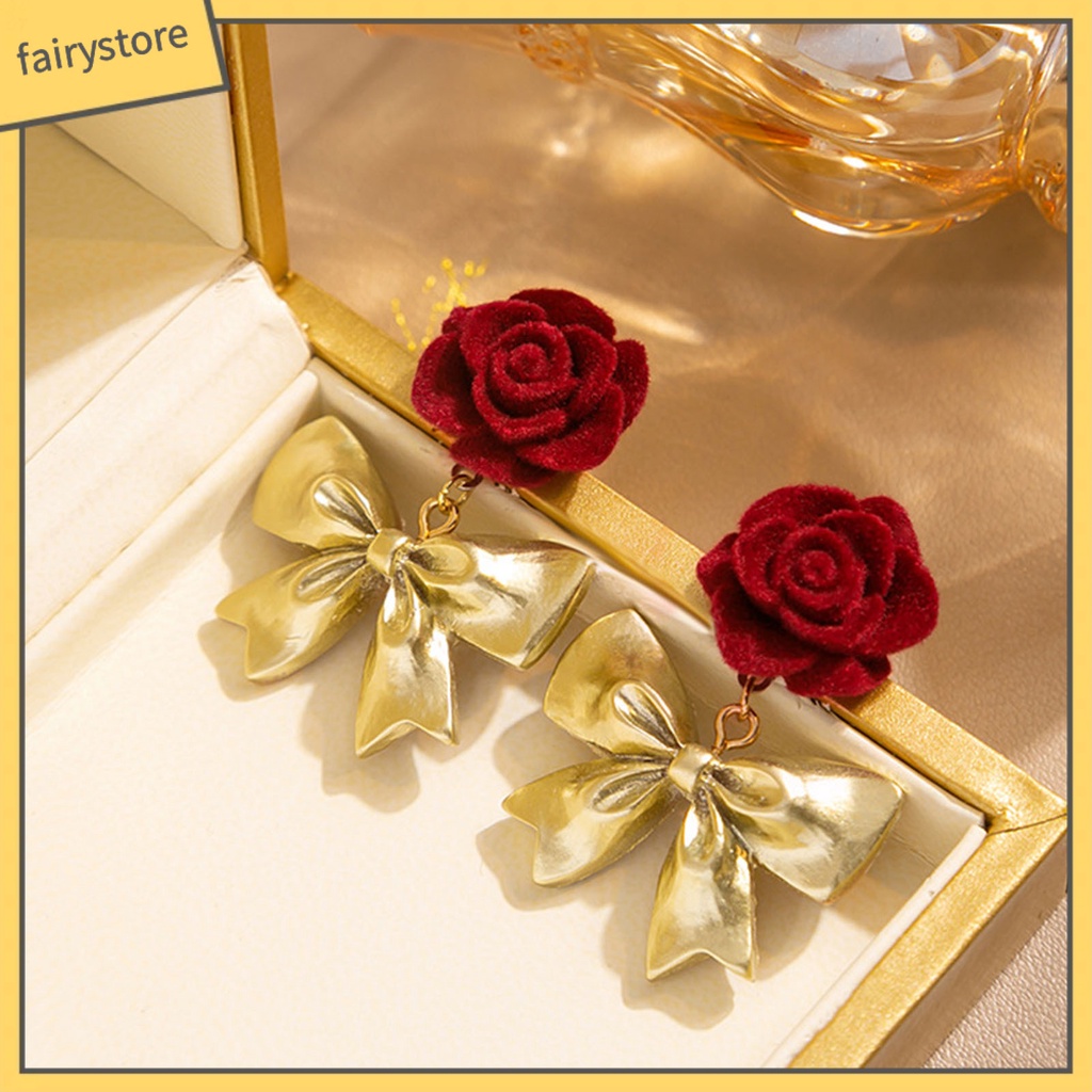 [FRO] 1 Đôi Bông Tai Thả Mạ Bạc Họa Tiết Hoa Hồng / Nơ Dáng Dài Lãng Mạn Cao Cấp