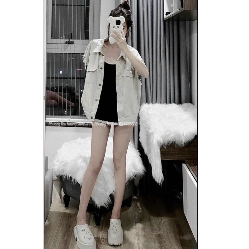 Set Đầm Body Borip 2 Dây + Khoác Jeans Kaki Sát Nách Rách Túi Hộp alohashop91