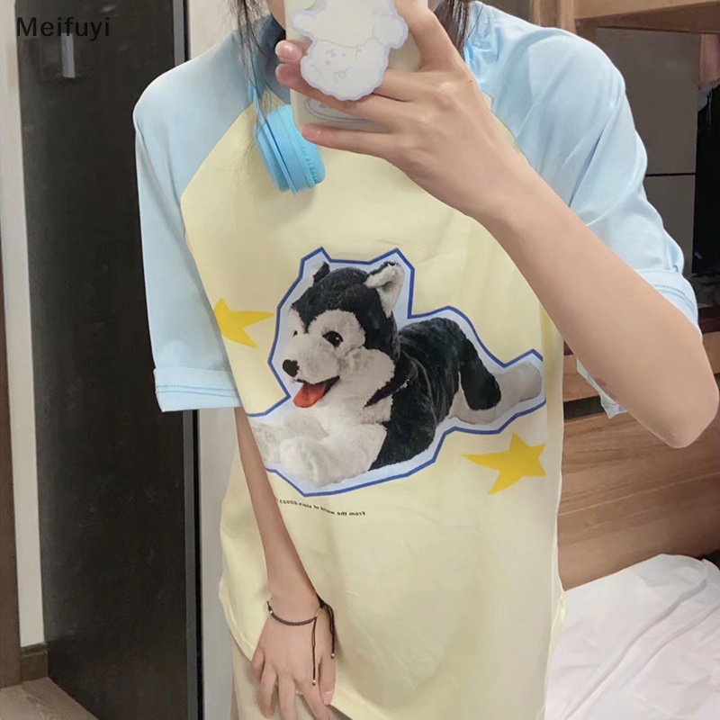 Áo Thun Tay Ngắn Cổ Tròn Dáng Rộng In Hình Chú Chó Hoạt Hình Dành Cho Nữ