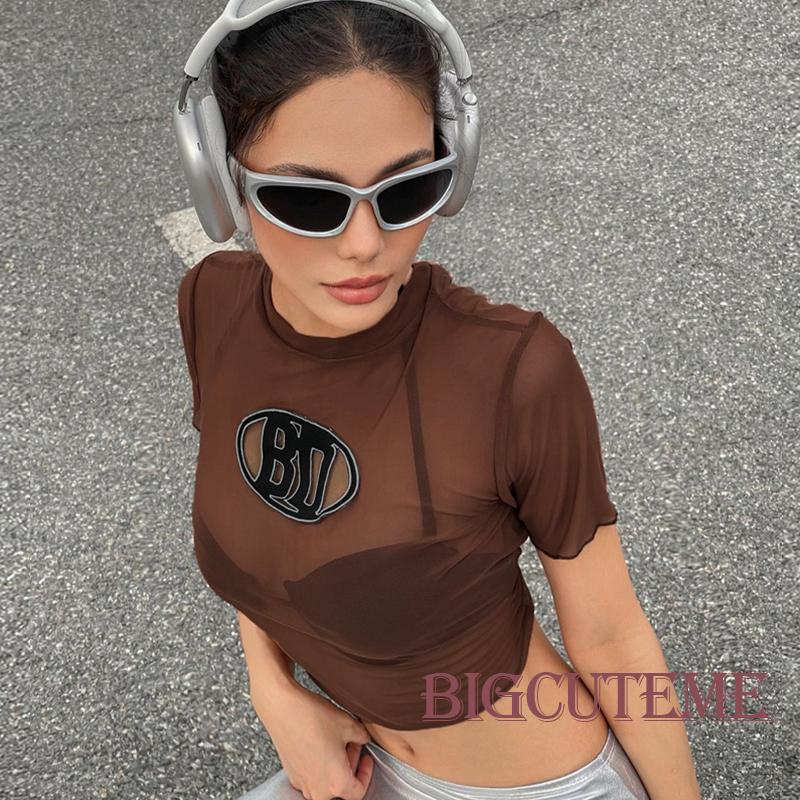 Áo Thun Lưới Tay Ngắn Cổ Tròn Thêu Chữ Phong Cách Đường Phố Cho Nữ