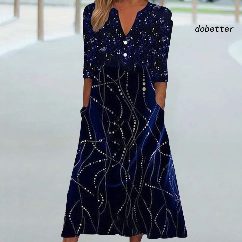 Đầm Dài Cổ Chữ V Kẻ Sọc Phối Nút Trang Trí Có Túi Thời Trang Cho Nữ