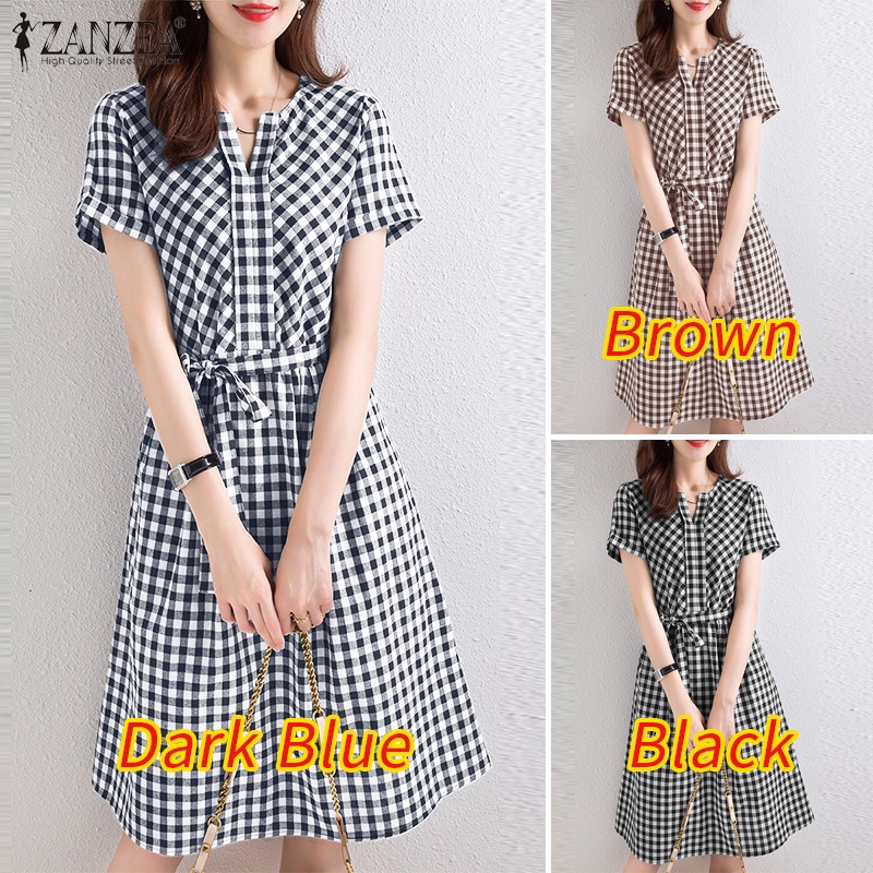 ZANZEA Đầm Chữ A Ngắn Tay Cổ Tròn Họa Tiết Ca Rô Thời Trang Dành Cho Nữ
