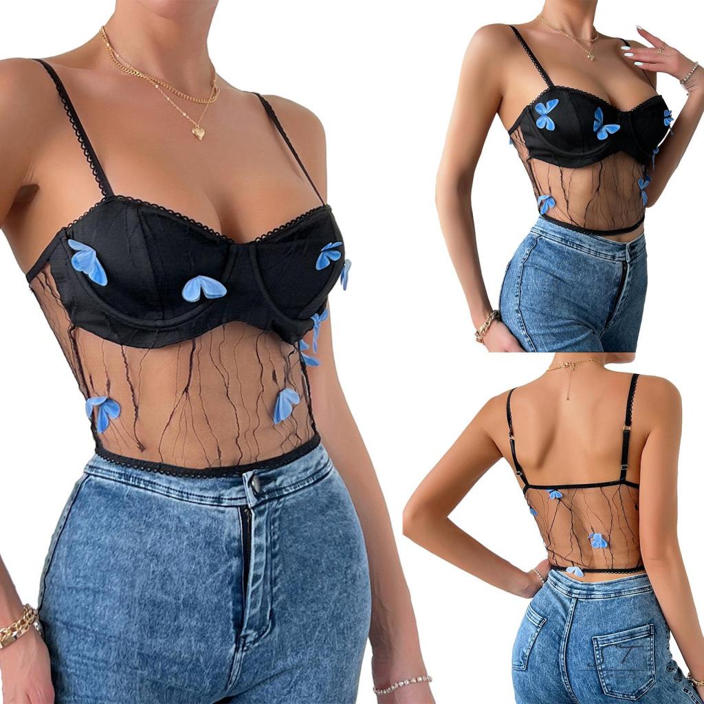 Áo Hai Dây Mỏng Xuyên Thấu Phối Họa Tiết Bướm CY03 Thời Trang Mùa Hè Cho Nữ