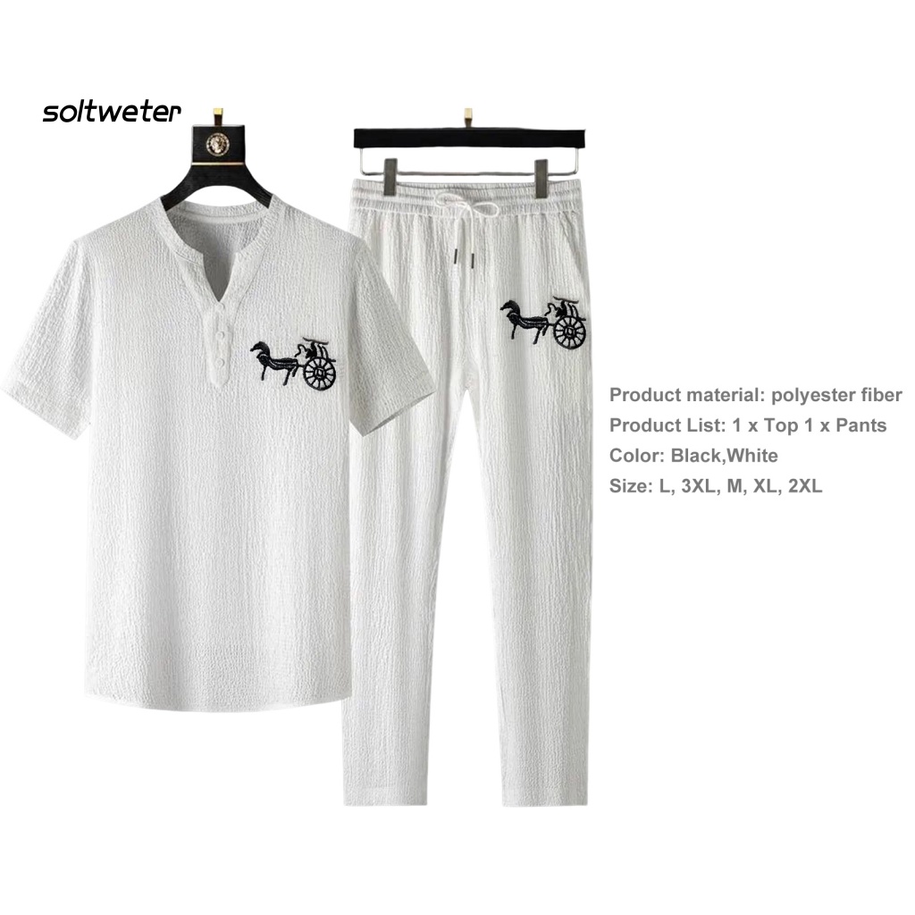 1 Bộ Áo Tay Ngắn Cổ Chữ V Màu Trơn Phối Quần Dài Đính Nút Thời Trang Mùa Hè Cho Nam
