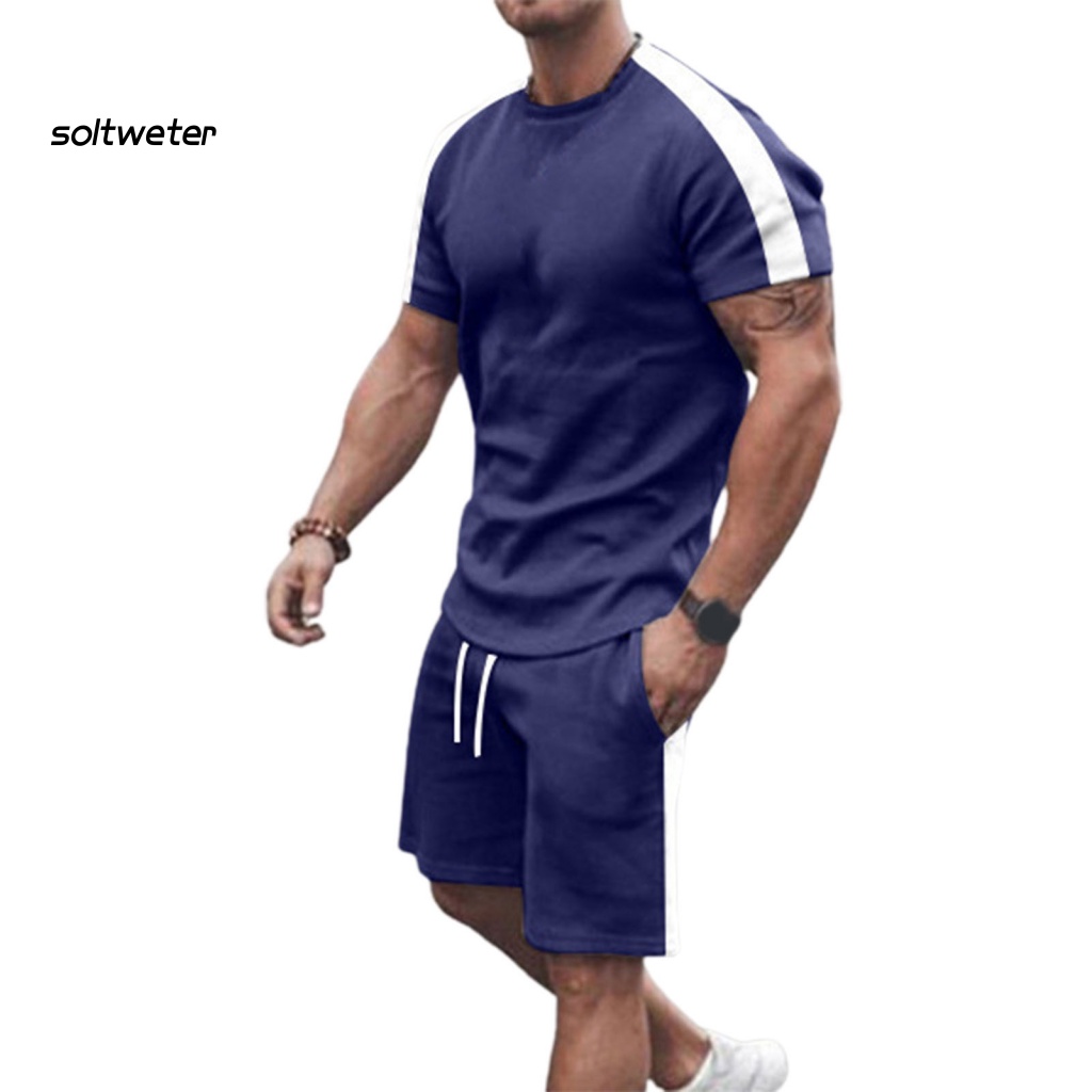 Bộ Đồ Thể Thao 2 Món Áo Thun Cổ Tròn Phối Quần Short Lưng Thun Màu Sắc Tương Phản Thời Trang Mùa Hè Cho Nam