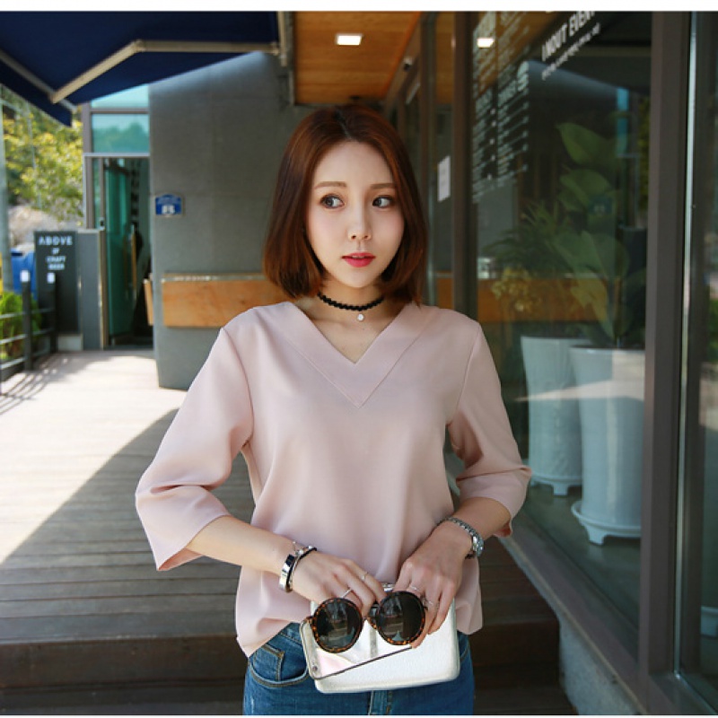 Áo Sơ Mi Chiffon Tay Ngắn Cổ Chữ V Dáng Rộng Phong Cách Hàn Quốc Thời Trang Mùa