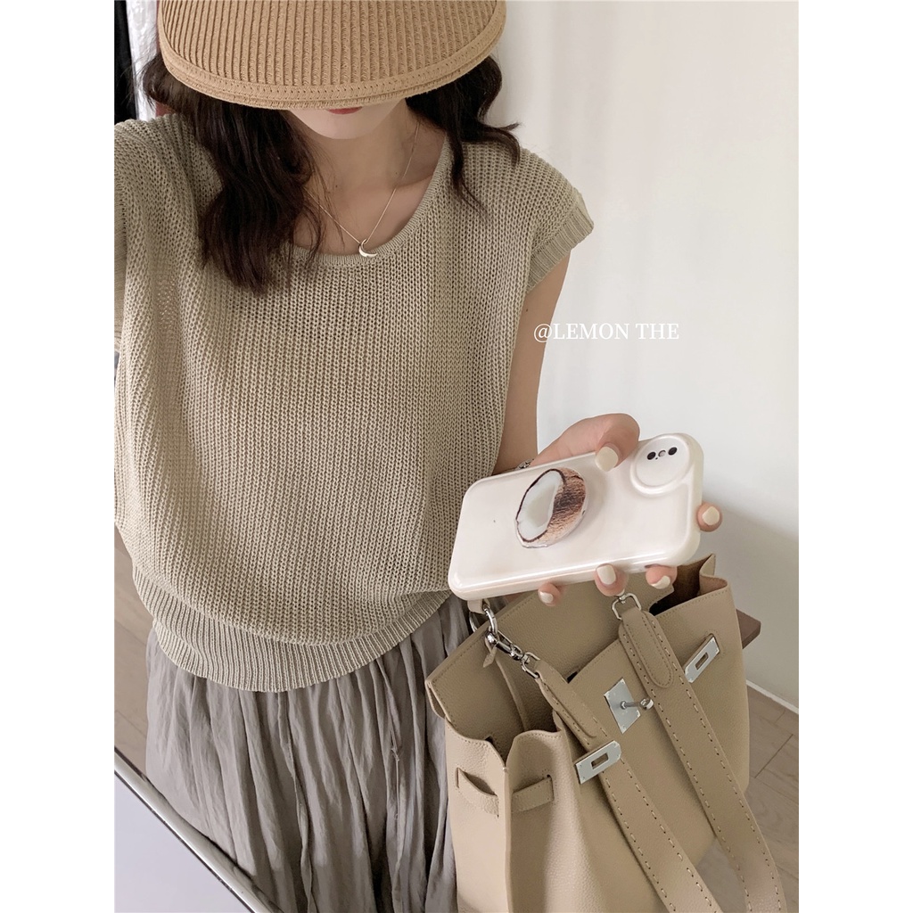 Áo Thun Dệt Kim Không Tay Cổ Tròn Họa Tiết Kẻ Sọc Màu Sắc Tương Phản Thời Trang Mùa Hè Phong