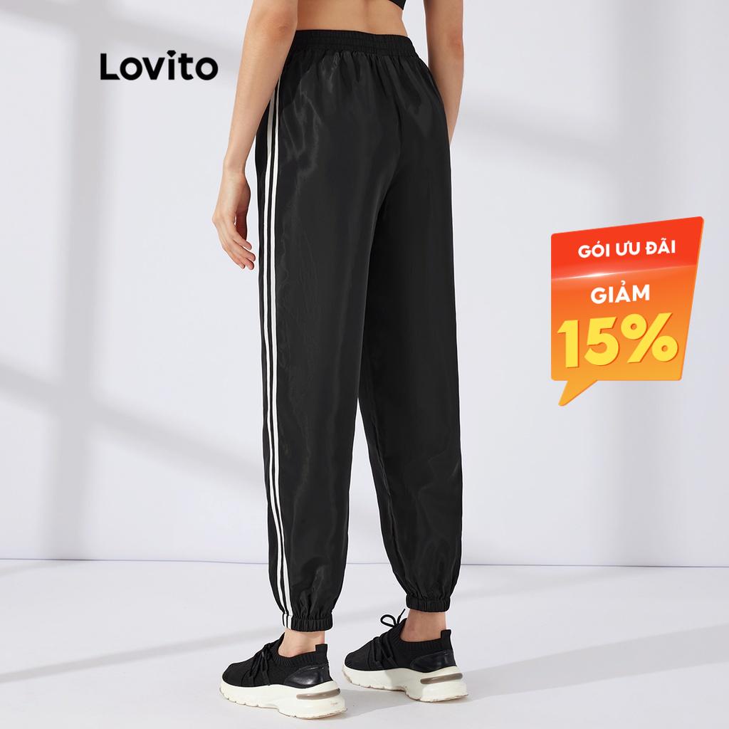 Quần thể thao Lovito chất liệu nylon với dây rộng cột phía trước phối viền tương phản L23AD051 (màu đen)