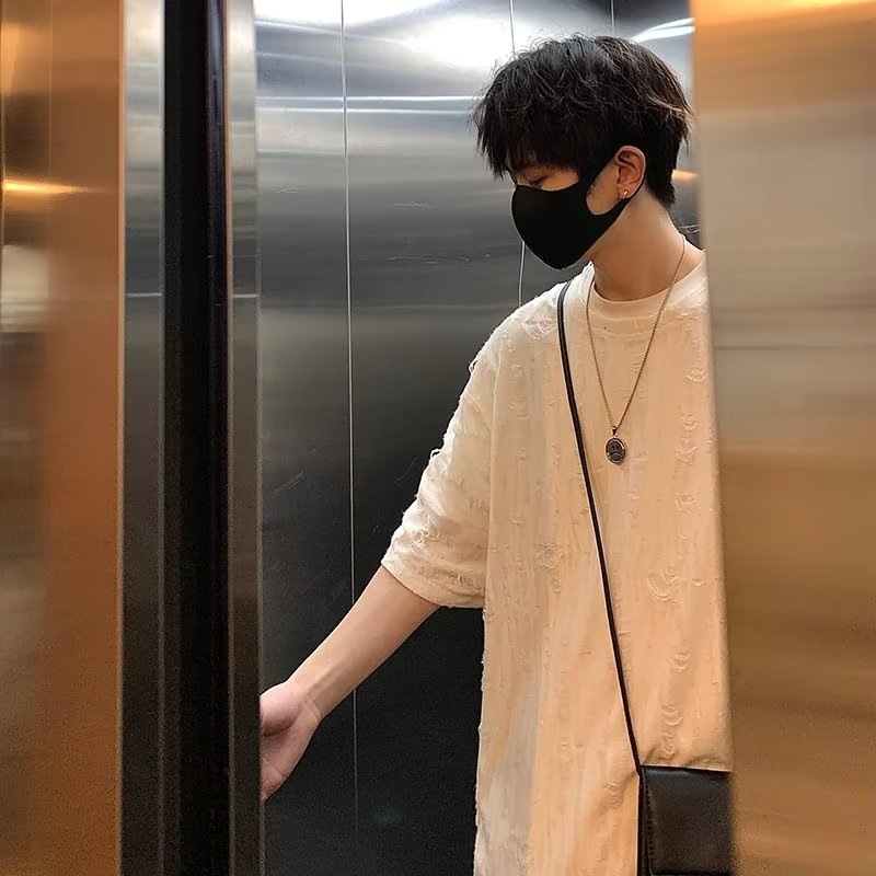 Áo Thun Cotton Tay Ngắn Dáng Rộng Phối Rách Kiểu Đường Phố Mỹ Thời Trang Mùa Hè Cho Nam