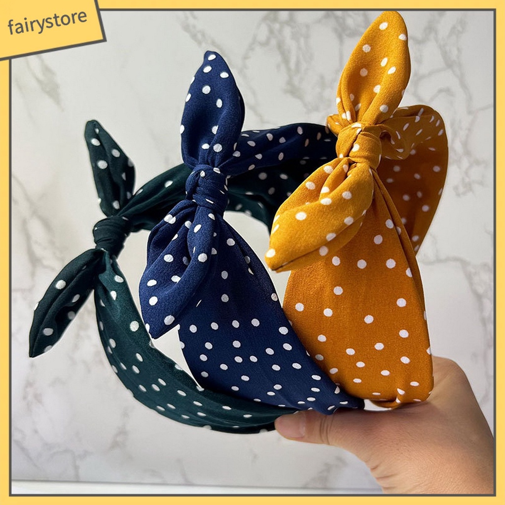 Băng Đô Tai Thỏ Co Giãn Chống Trượt In Họa Tiết Chấm Bi Màu Sắc Tương Phản Dành Cho Nữ