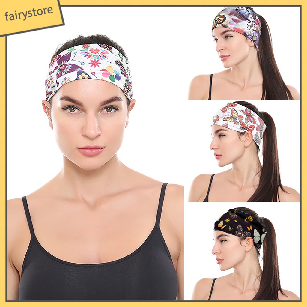 Băng Đô Cài Tóc Bản Rộng Co Giãn In Họa Tiết Bướm Phong Cách Thể Thao Thời Trang Cho Nữ
