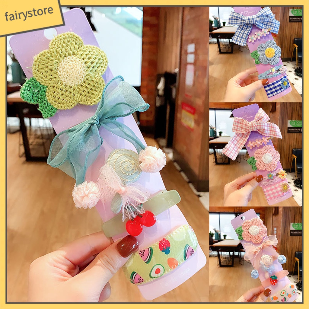 Set 5 Kẹp Tóc Hình Nơ / Hoa Quả Dễ Thương Cho Học Sinh