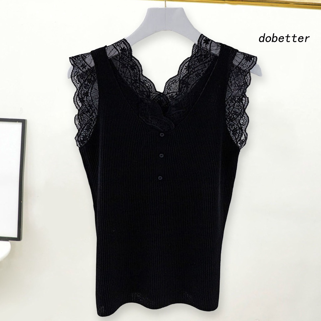 [DO] Áo Không Tay Cổ Chữ V Ôm Dáng Phối Ren Mỏng Màu Trơn Trang Trí Nút Trang Trí Mùa Hè Dành Cho Nữ