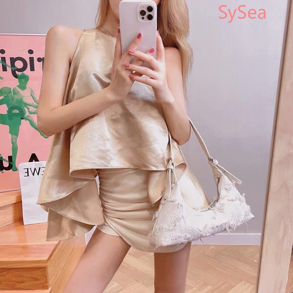 Áo Hai Dây Cổ Tròn Form Rộng Chất Liệu Satin Phong Cách Pháp Cho Nữ