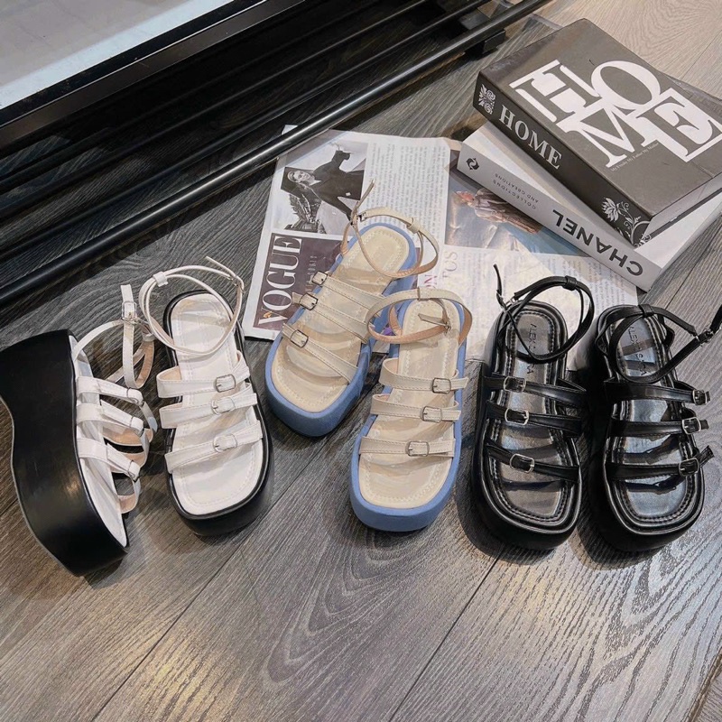Sandal xuồng 3 quai khoá gài phối màu cao 7 cm