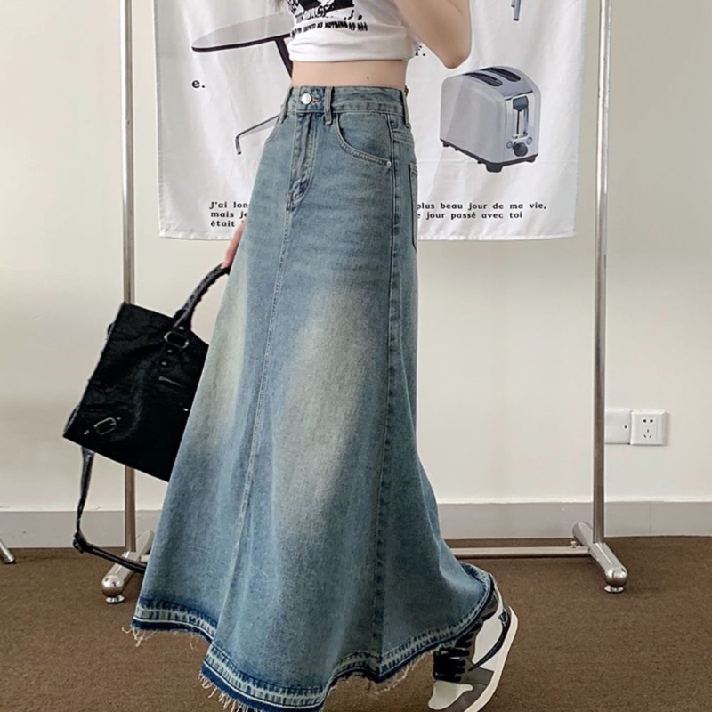 COZOK Váy denim Lưng Cao Dáng Dài Form Ôm Theo Phong Cách retro