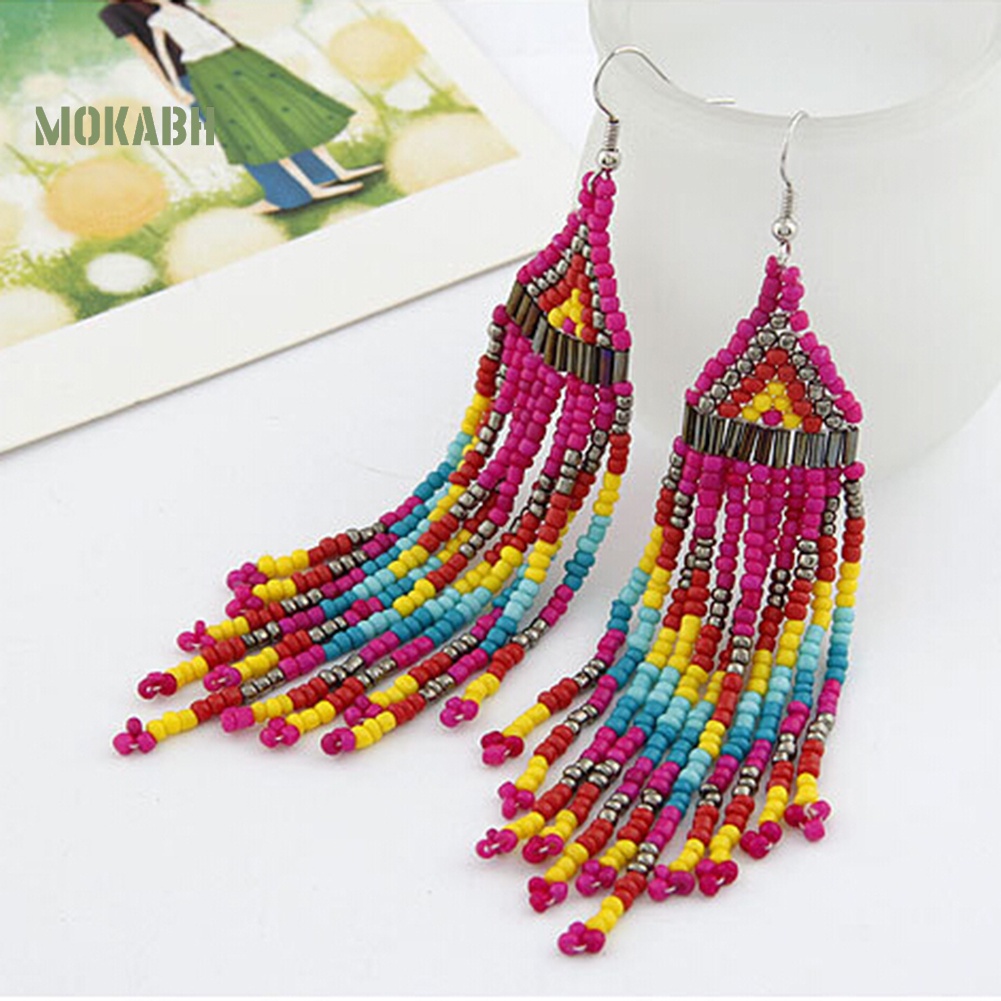 [Mok Abh] Bông Tai Tròn Đính Hạt Tua Rua Theo Phong Cách Du Mục