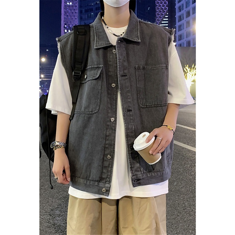 Áo Khoác Denim Sát Nách Phối Túi Phong Cách Retro Cho Nam