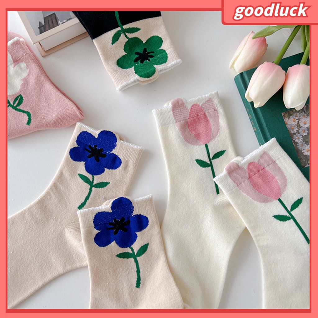 1 Đôi Vớ Mềm Co Giãn Thoáng Khí Chống Trượt Và Thấm Hút Mồ Hôi In Hình Hoa Tulip Dành Cho Nữ