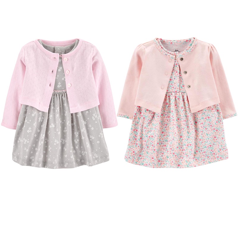 Bộ 2 Món Đầm Cotton Gồm Áo Cardigan + Váy Hoa Cho Bé Gái