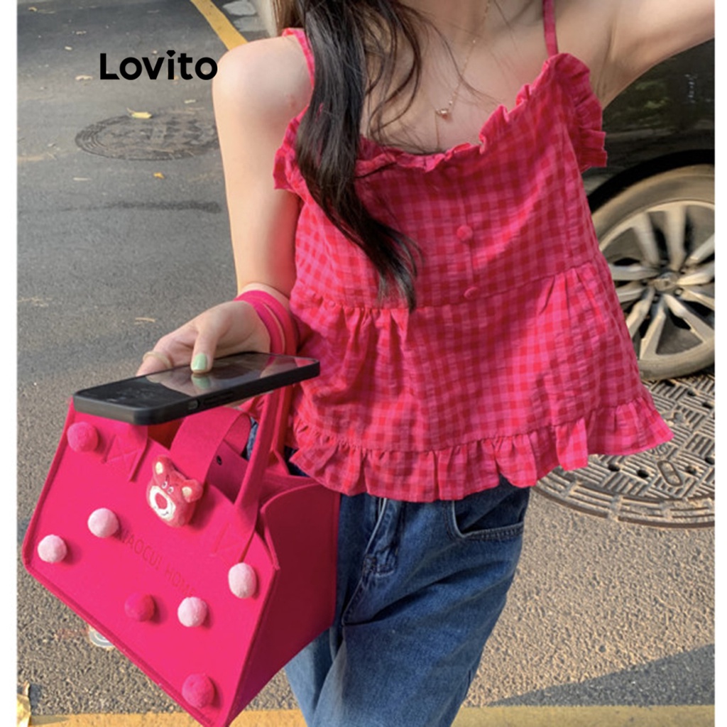 Áo Lovito cộc tay thắt dây kẻ caro thường ngày cho nữ LNA08046