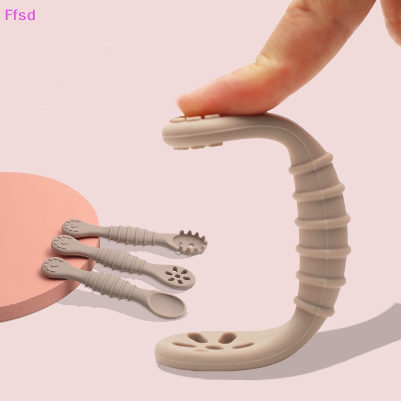 Bộ Muỗng Nĩa Bằng Silicon Mềm Tay Cầm Ngắn Tập Ăn Cho Bé